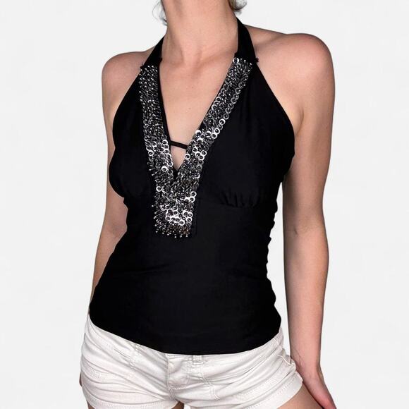 Black halter y2k backless top with silver embellishments - fits like XS - Picture 1 of 8